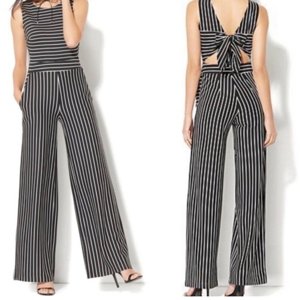 New York & Company Navy and White Striped Jumpsuit